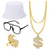 Popular Cadena de Oro Pulsera Hip-Hop Sombrero Negro de Pescador Gafas con Montura de Espejo Anillo de Dólar Conjunto de Vestido de Graduación