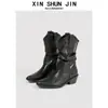 Botines finos de punta para mujer de piel de vaca, botines cortos de otoño/invierno, botas de montar retro de tacón grueso, botas western holgadas arrugadas
