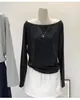 Top Puro Desejo Ombro a Ombro Manga Longa Preto para Mulheres Outono Inicial Novo Solto Camiseta Básica Ombro a Ombro Emagrecedor