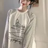 Camiseta de Manga Larga con Diseño de Rayas de Empalme en Color Contrastante Estilo Chic Coreano para Mujer, Casual, Holgada, Ropa de Trabajo, Top Versátil de Cuello Redondo