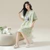 Camisón de Algodón Antibacteriano 7A Verano para Mujer Vestido Delgado de Manga Corta Rayado Se Puede Usar Afuera Pijama Talla Grande de Largo Medio