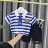 Ropa de Moda Elegante para Niños Moda Ropa de Moda para Niños Guapo Calle Fried Rayas Oso Manga Corta Traje de Verano Moda