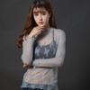 Nueva Camisa Base Ajustada de Primavera y Verano para Mujer Camisa de Malla de Red de Pesca Transparente Sexy Cuello Pequeño Manga Larga Camisa de Encaje