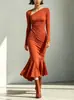 Tienda independiente de Amazon transfronteriza 2026 nueva moda para mujer estilo europeo y americano elegante vestido maxi largo de manga larga con cintura ceñida plisada