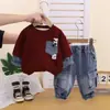 Dropshipping transfronterizo de sudaderas de moda vaqueras con retazos, estilo coreano, cuello redondo, para niños, atuendos de bebé de moda