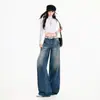 Jeans femininos de perna larga, fluidos, com lavagem em denim, estilo americano com lavagem desgastada, calças compridas azuis, comprimento estendido azul, algodão de primavera, 2026
