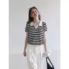 Top de punto para mujer de verano, manga corta, cuello a rayas de color contrastante, estilo francés retro, ligero, con caída, casual, corte holgado