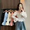 Camisa Francesa de Manga Abullonada, Diseño Nuevo, Estilo Nicho, Clavícula, Estilo Gentil, Entallada en la Cintura, Top Versátil con Volantes