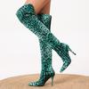 Europeu e Americano Novo Estilo Colorido Contrastante Bico Fino Emagrecendo a Perna Acima do Joelho Elástico Botas Super Salto Agulha Estampa de Onça Tamanho Grande Botas Femininas