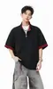 Camisa Polo Masculina Manga Curta com Zíper Parcial Patchwork Color Block Desconstruído Americano, Camiseta Casual Solta de Verão com Senso de Design para Homens