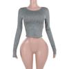 Yl24360 Top Gris Redondo de Manga Larga Simple Transfronterizo, Estilo Corto Moldeador con Cintura Expuesta, Camiseta Básica Versátil Casual Ajustada