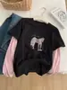 Camiseta Fashionável Retro Estilo Coreano com Estampa de Pônei, Falsa Peça Dupla, Manga Longa para Mulheres 26 Primavera e Outono Camiseta Básica de Algodão Nuvem