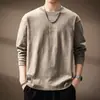 Camiseta de Manga Larga Bordada Sencilla de Algodón Bambú de Alta Gama para Hombre 2026 Otoño Nueva Holgada Tendencia Retro Japonesa Top