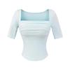 Camiseta de Verano Versátil de Ajuste Delgado con Escote Cuadrado, Mangas Medias Plisadas y Almohadilla en el Pecho, Dobladillo Curvo, Top Corto para Mujer