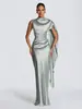 Vestido de Cetim de Luxo Leve Estilo Novo Europeu e Americano 2026 com Design de Gola Sobreposta e Decoração de Fita Lateral Única, Vestido Formal Sem Mangas