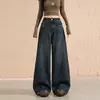 Jeans Anchos de Diseño Desgastado Negro y Gris Americano para Mujer en Otoño e Invierno Estilo Nuevo Cintura Alta Sueltos Cubre-Carne Piernas Rectas