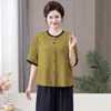 Nuevo traje de estilo chino de manga corta para madres, nuevo estilo de verano 2026, ropa para mujer de talla grande, holgado, cuello redondo, abotonado, elegante, pantalones de pierna ancha