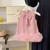 Vestido Princesa com Laço para Meninas 2026 Novo Estilo de Verão Vestido de Tela Cor Sólida para Bebê Vestido Coreano Tendência para Crianças