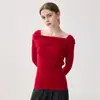 Estilo elegante e sofisticado! Camisa feminina canelada slim fit ombro a ombro 100% caxemira pura, top de tricô estiloso