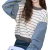 Suéter de Punto Patchwork Rayado de Mezclilla Versátil Estilo Coreano para Mujer, Estilo Otoño e Invierno, Suéter Casual Holgado de Nicho Petite