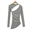 Sy9185-25 Novo Estilo Outono Estilo Europeu e Americano Design Sexy Ombro Caído Top Removível Camiseta Básica de Manga Longa