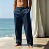 Calça Masculina de Algodão e Linho Texturizado Estilo Old Money Amazon Transfronteiriça, Calça Reta de Verão Fina com Cordão Elástico, Versátil e com Caimento