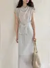 Vestido Conjunto de Top Elegante Francés GINNKE de Acetato Tencel con Cuello Oscilante y Cinturón y Falda de Cintura Alta