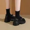 Sapatos Loafer de Solado Grosso para Mulheres 2025 Outono Novo Estilo Britânico Sapatos de Couro Preto com Saia e Laço Sapatos Individuais Tamanho 34