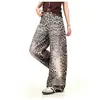 Comercio Exterior Transfronterizo Bigotes de Gato Americanos Estampado de Leopardo Scimitar Jeans para Hombres y Mujeres Retro de Cintura Alta Sueltos Versátiles Casuales Pantalones de Pierna Ancha