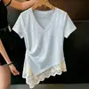 Roupas Femininas Plus Size 2026: Camiseta de Manga Curta com Retalhos de Renda na Barra de Algodão com Flocos de Neve para Mulheres Plus Size, Linda Blusa de Verão para Mulheres