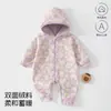 Macacão de bebê para primavera e outono, macacão estampado com capuz para atividades ao ar livre, design quente com abertura frontal, roupas de bebê Anyang