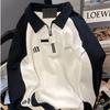 Sudadera con Cuello Polo y Media Cremallera de Peso Pesado Americana para Hombres y Mujeres, Ropa Exterior Retro de Alta Gama Hiphop de Marca de Moda con Contraste Blanco y Negro