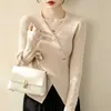 Suéter de punto casual con cuello en V, botones cruzados y abertura lateral para mujer, nuevo top base de otoño e invierno de manga larga, de alta gama y súper elegante
