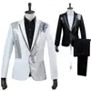 Conjunto de terno de performance para estúdio fotográfico, terno preto e branco com strass coloridos, traje formal para apresentador, roupa de palco masculina moderna para cantor