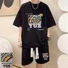 Conjunto esportivo Masculino Verão Tendência Estilo Hong Kong Camiseta de manga curta Solto plus size Shorts Waffle Casual Conjunto de duas peças