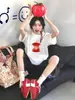 Camiseta Branca de Algodão Puro Manga Curta para Mulheres 2026 Nova Popular Verão Estilo Coreano Top Solto Camiseta com Estampa de Maçã Ins