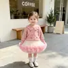 Conjunto de Suéter e Saia de Renda para Crianças Primavera e Outono, Cardigan de Tricô Bordado Cogumelo Doce e Conjunto de Duas Peças de Saia Tutu para Meninas