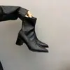 Botas Slim Elásticas para Mulheres, Botas Martin com Salto Grosso e Bico Fino, Novas Botas Slip-On de Couro Macio Estilo Francês 2024