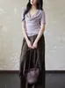 [Ting Lan] Top de punto de encaje de manga corta tipo dos piezas falsas con cuello de volantes para mujer, morado, cintura ajustada, elegante, camiseta