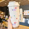 316 Copo Térmico de Aço Inoxidável para Duas Bebidas, Copo de Café Portátil de Aparência Sofisticada, Copo com Canudo Duplo para Bebidas Frias e Quentes de Panda Gigante