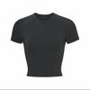 Yi Mengling mesma camiseta de algodão elástico de manga curta gola redonda slim feminina versão curta para mostrar o umbigo/versão normal preto branco cinza