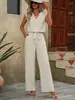 Conjunto Casual de Verano 2026 Transfronterizo Amazon Color Sólido Sin Mangas Cuello en V Holgado + Pantalones de Pierna Ancha con Cinturón