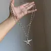 Colar Pingente Estrela-do-Mar Prata Dupla Camada Estilo Doce e Cool Corrente Longa para Suéter Gargantilha Acessórios Estilo Garota Quente Y2K para Mulheres