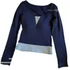 Camiseta de Manga Larga Falsa de Dos Piezas con Costuras de Contraste para Otoño e Invierno, Mujer, Cuello en V, Ajustada, Diseño de Nicho, Top Base con Almohadilla en el Pecho