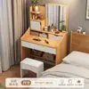 Penteadeira para quarto de casa, design simples e moderno com espelho, mesa de maquiagem compacta multi-funcional com armazenamento
