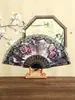 Ventoinha de renda com haste preta de flor, ventoinha de plástico para mulheres, ventoinha dobrável espanhola, ventoinha de tecido de seda requintada, ventoinha de presente, caminho de dança