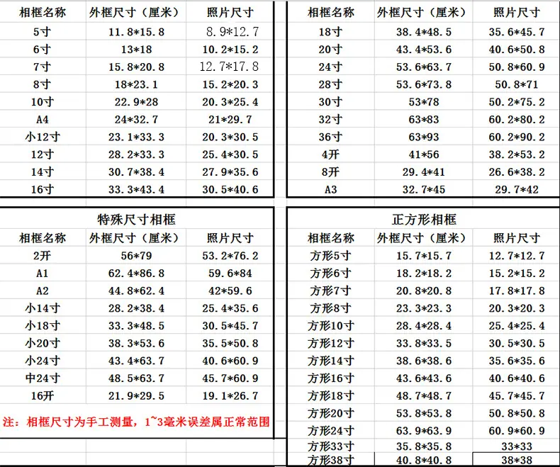 尺寸表