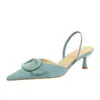9627-AK222 Moda europea y americana sandalias de tiras de hebilla elegantes de ante con punta fina y tacón de aguja con espalda descubierta para mujer