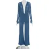 Conjunto de Moda Europea y Americana Transfronterizo Sexy de Malla con Cuello de Tortuga y Atar con Cordones, Top de Manga Larga y Pantalones Ajustados