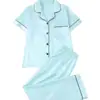 Comercio Electrónico Transfronterizo Estilo Europeo Satén Transpirable Cárdigan Pijama Solapa Manga Corta Pantalón Largo Conjunto de Ropa para el Hogar para Mujer Venta al por Mayor